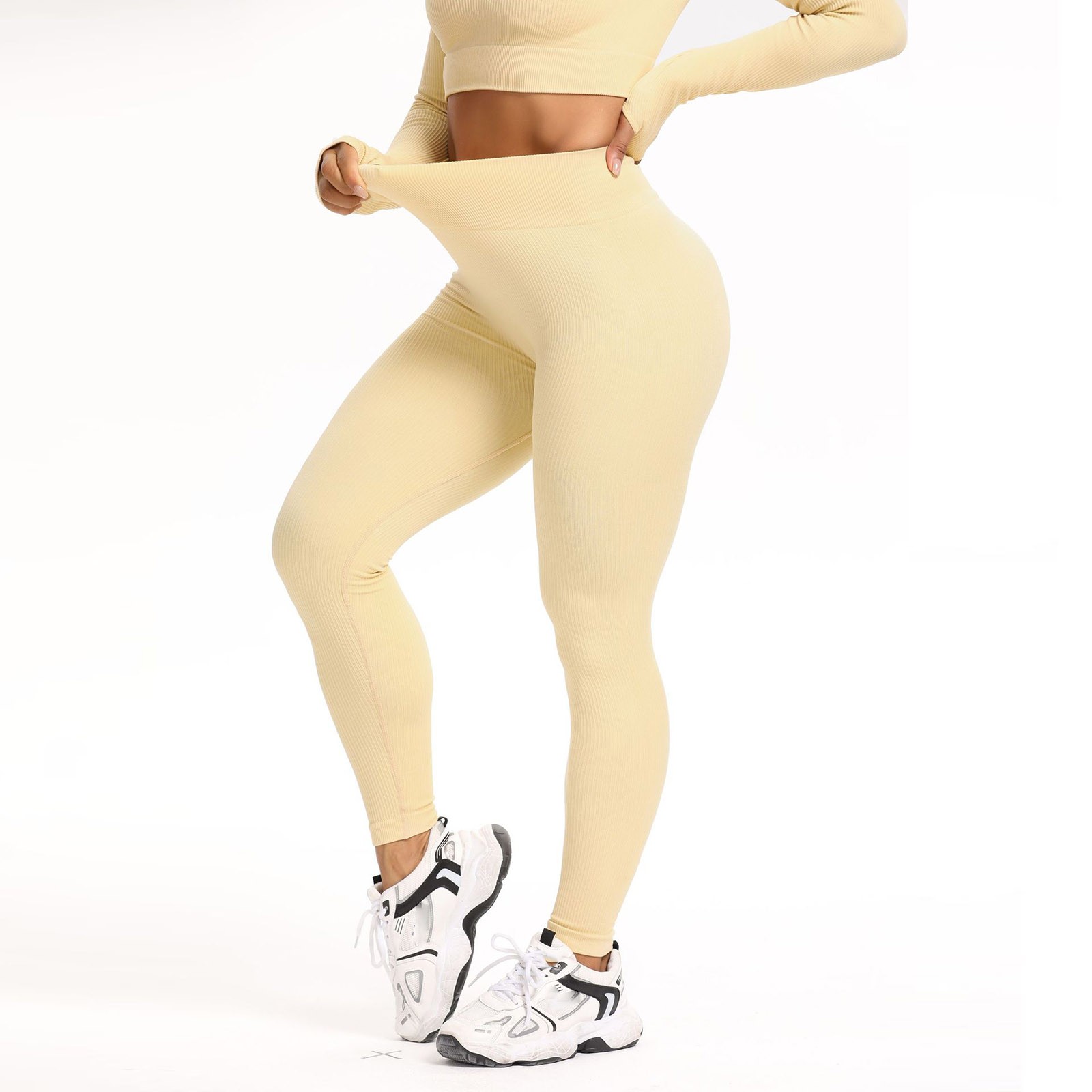 thumbnail image 4 of Leggings de entrenamiento para mujer: color liso, cintura elástica, poliéster, corte ajustado, pantalones deportivos informales de verano para correr/yoga, tallas S-M-L, 4 of 8